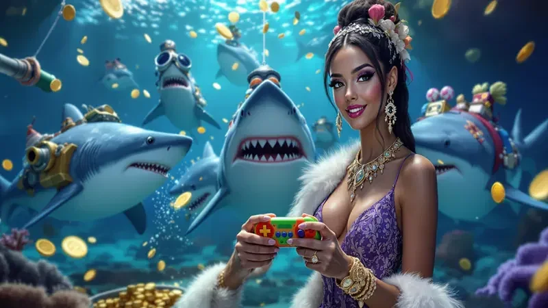 Ilustrasi permainan tembak ikan dengan target di layar