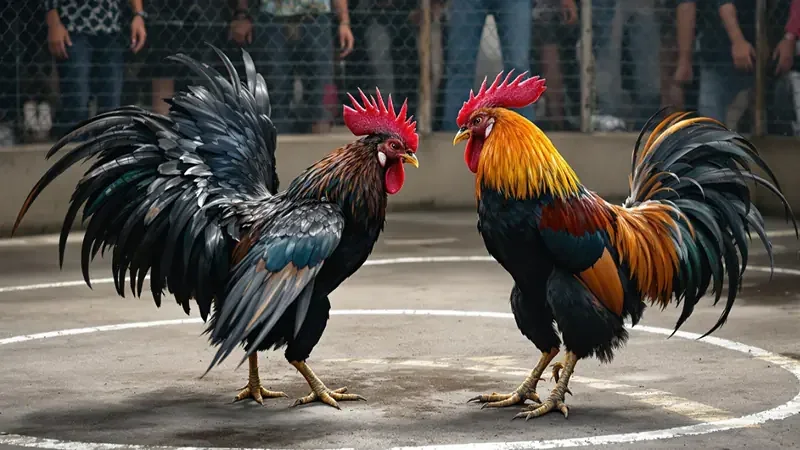 Ilustrasi permainan bertema sabung ayam dengan tampilan arena